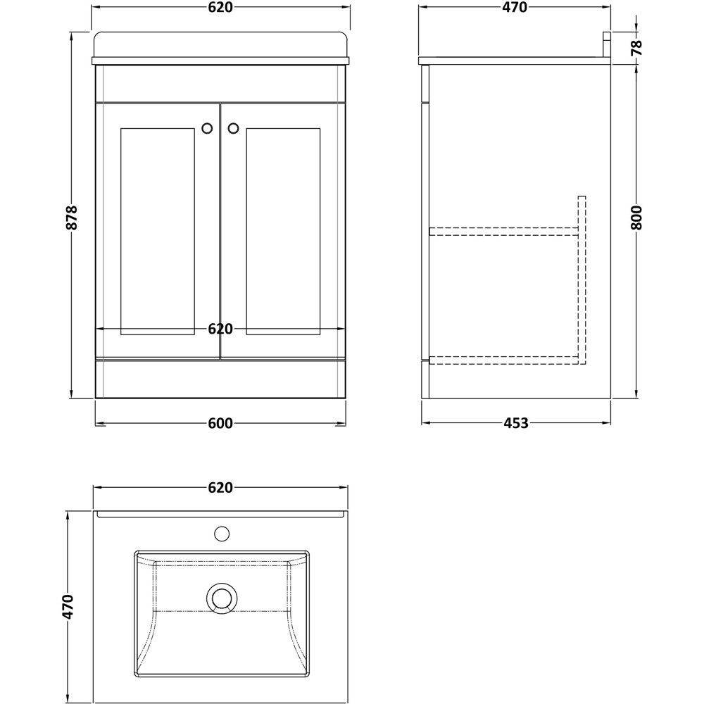 nuie Classique 2 Door Satin Grey Floor Standing Unit and 1 Tap Hole Marble Top Square Basin 600mm Image 3