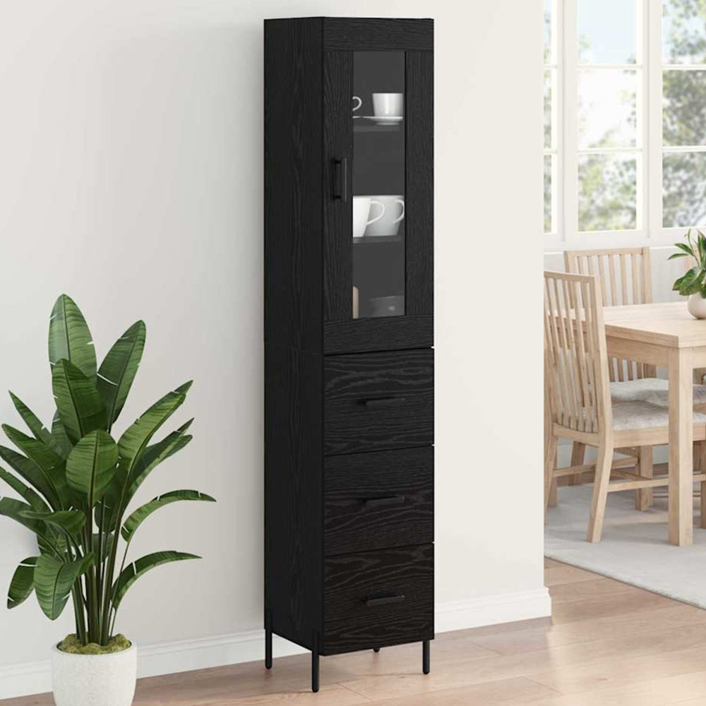 vidaXL Single Glass Door 3 Drawer 3 Shelf Black Oak Highboard with Metal Legs Image 1