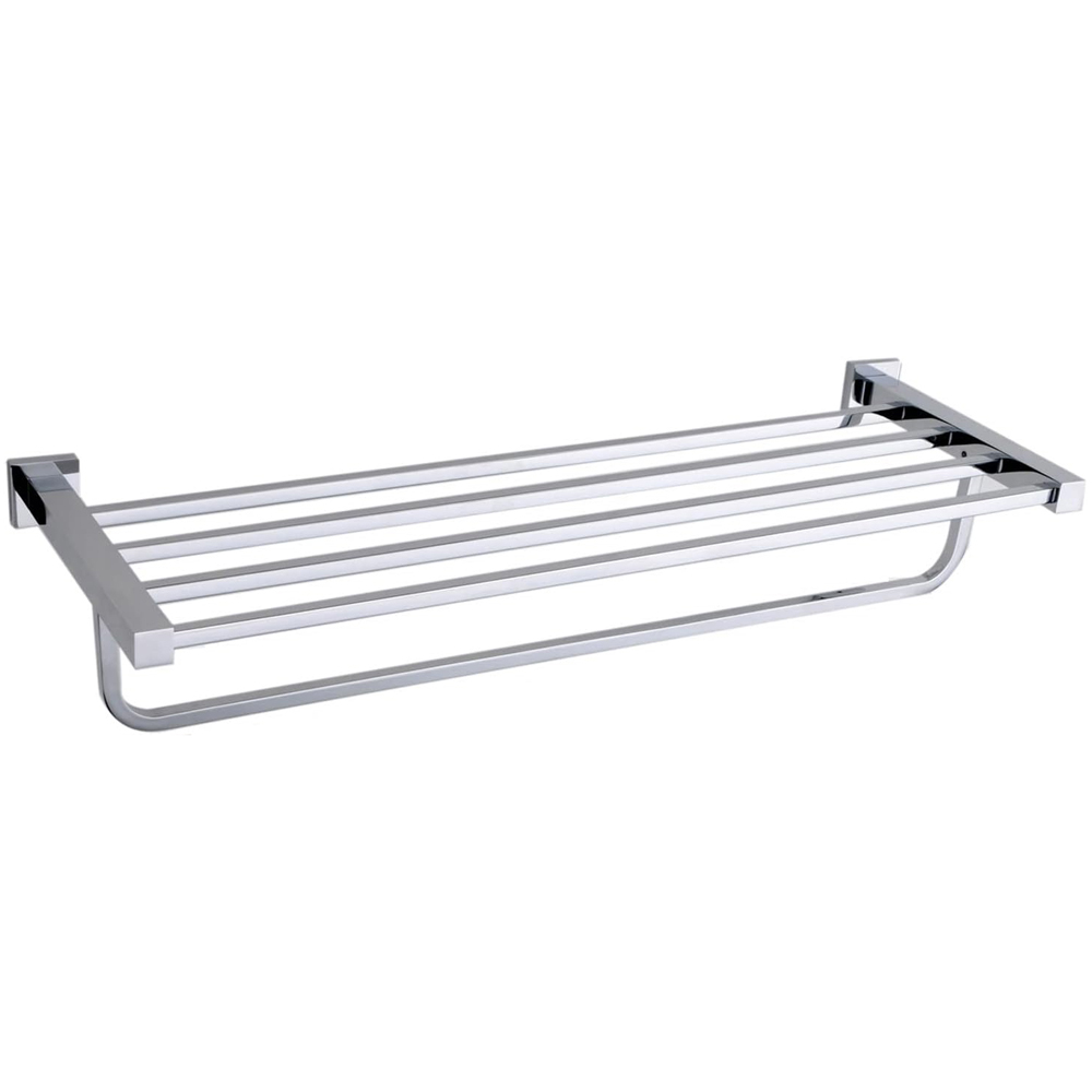 Nes Home Chrome Square Single Shelf Bathroom Rack with Towel Rail 585mm Image 1