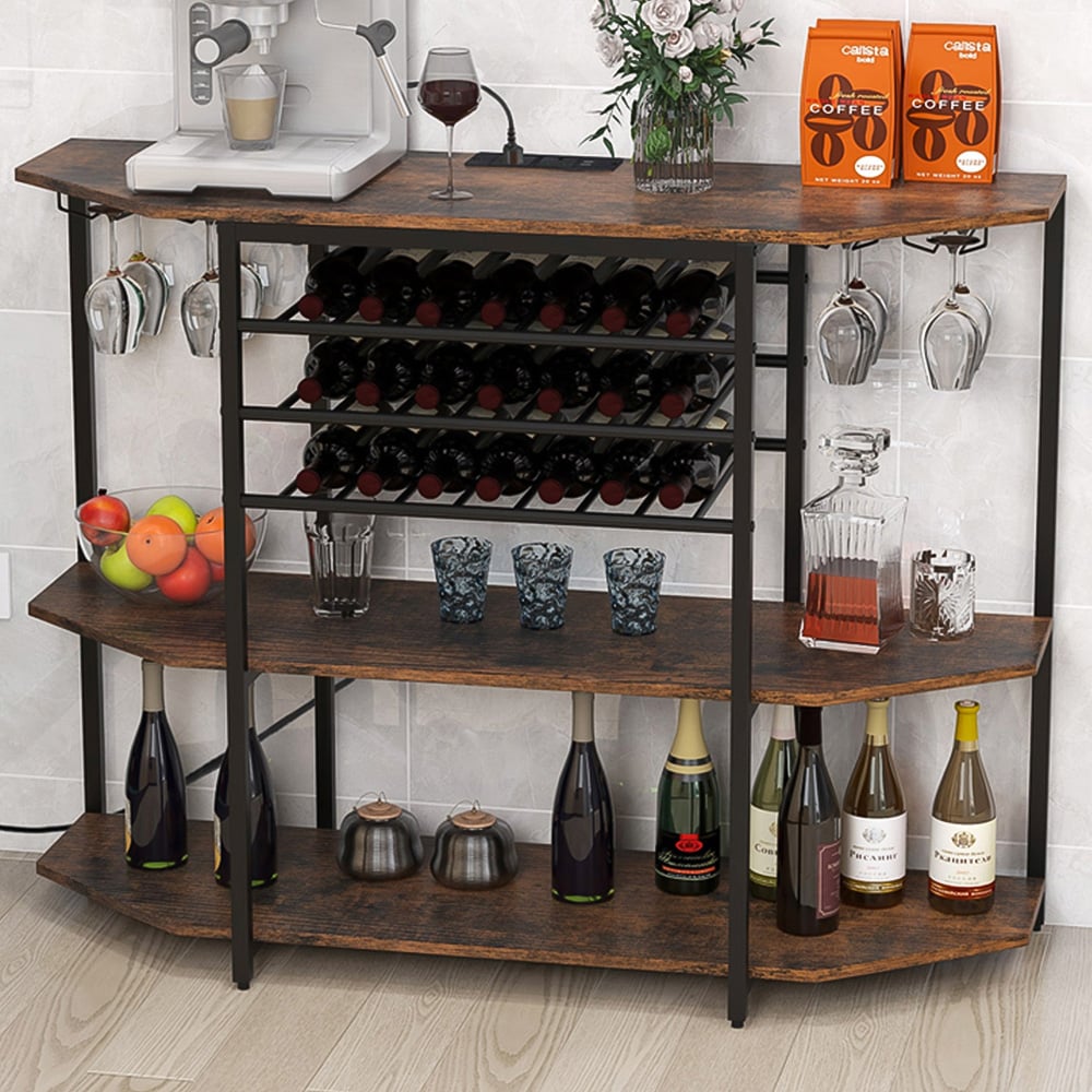 Costway 3 Shelf 21 Bottles Brown Wine Rack with Glass Holder Image 2