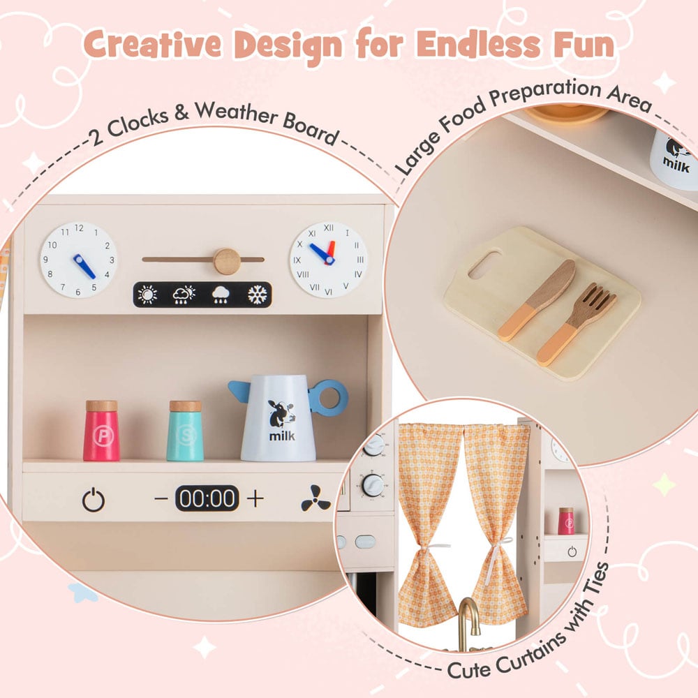 Costway Pink Kids Wooden Play Kitchen with Microwave and Ice Maker and Sound Image 6