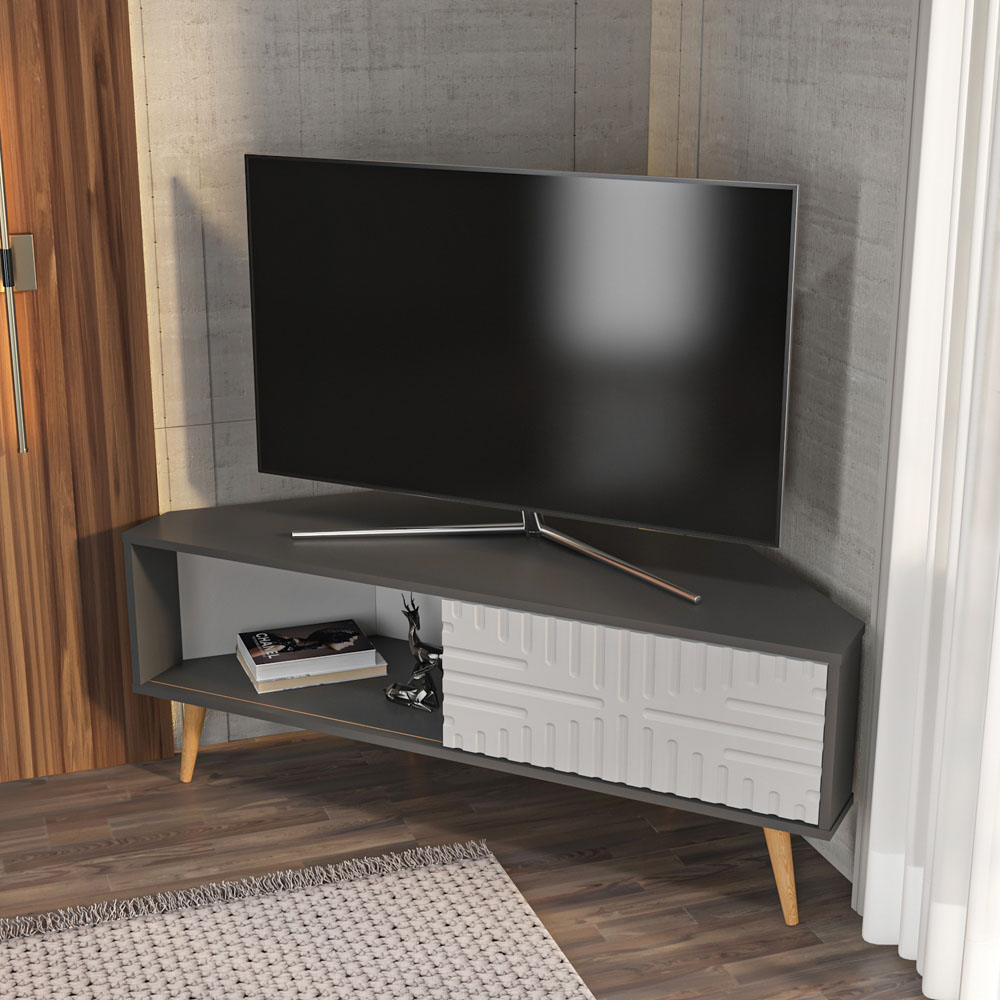 Decorotika Mora Single Sliding Door Anthracite and White Corner TV Unit Image 5