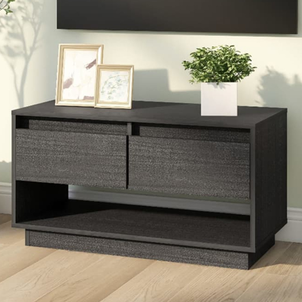 vidaXL 2 Drawer Single Shelf Grey Solid Pine Wood TV Cabinet Image 7