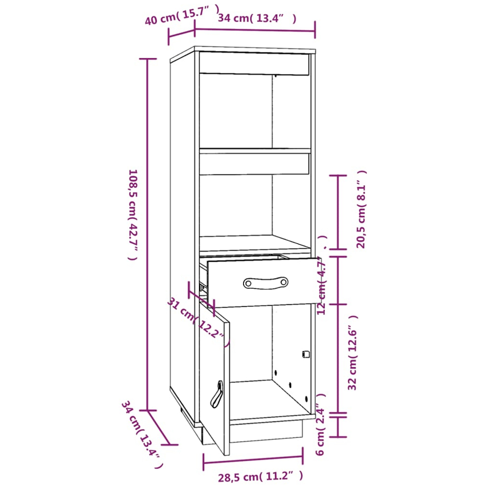vidaXL Single Door Single Drawer 2 Shelf Grey Solid Wood Pine Highboard Image 9