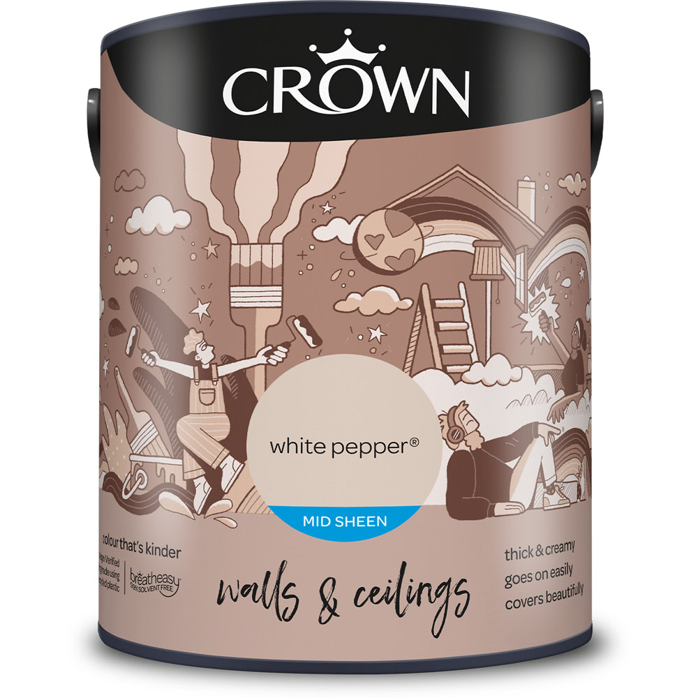 Crown Walls & Ceilings White Pepper Mid Sheen Emulsion Paint 5L Image 2