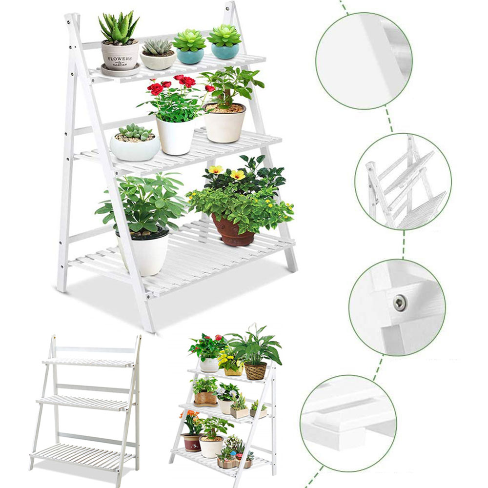 Living and Home 3 Tier White Wooden Foldable Ladder Shelf Image 3