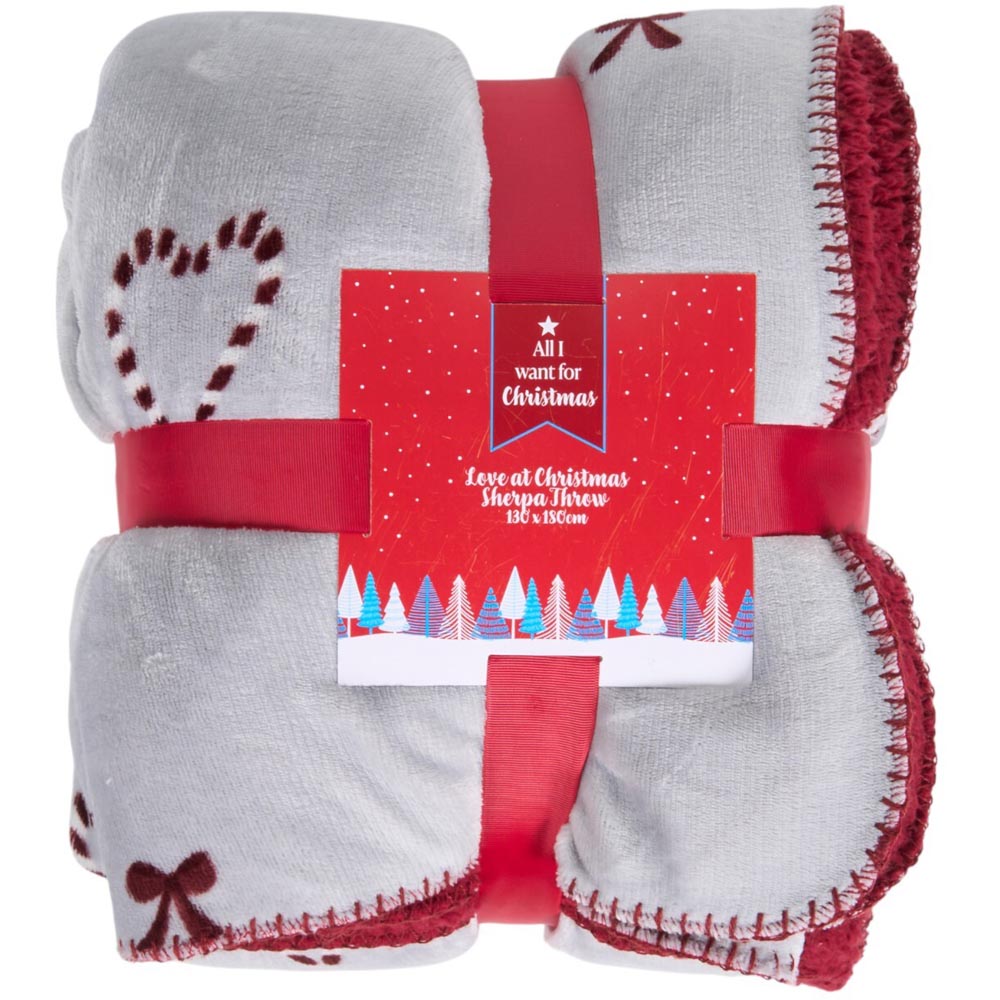 Love at Christmas Sherpa Throw - Grey and Red Image 1