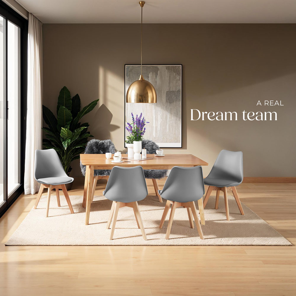 tectake Frederikke Set of 2 Grey Padded Dining Chair with Wooden Legs Image 3