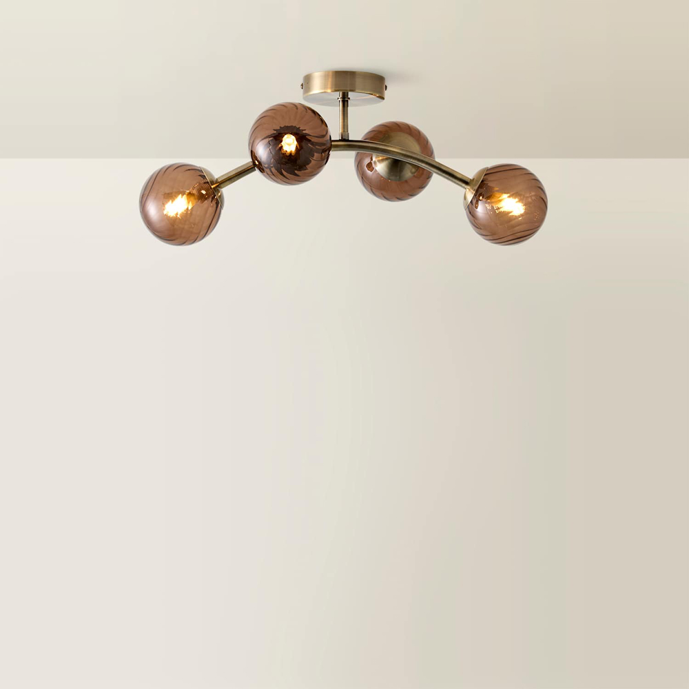 ValueLights Sydney Brushed Brass 4-Arm Ceiling Light with Swirl Glass Shade and Bulb Image 3