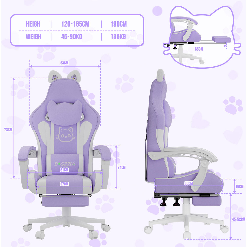 Rattrix Purple Cat Ears Gaming Chair with Massage Lumbar Support and Footrest Image 8
