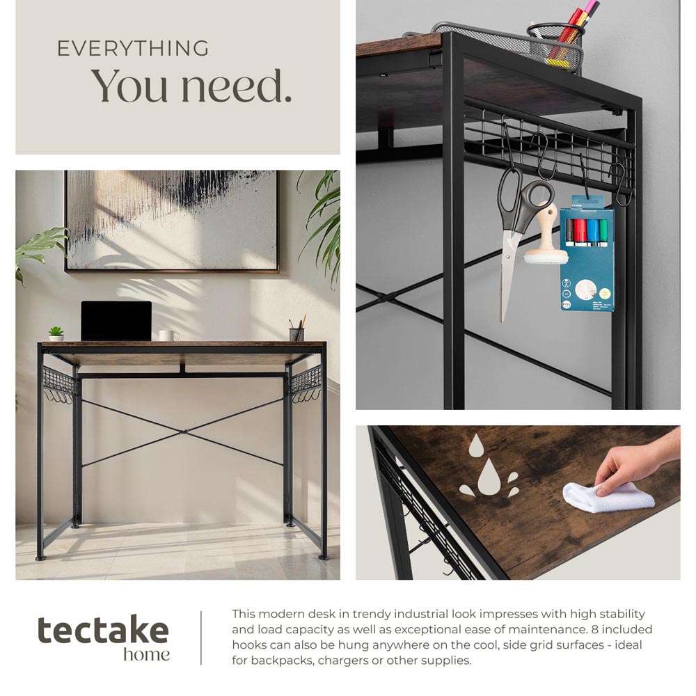tectake Dark Wood Rustic Foldable Desk with 8 Storage Hook Image 5