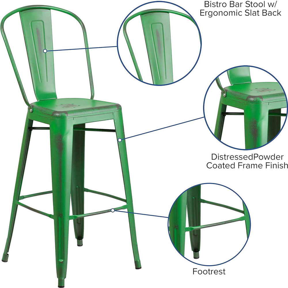 FWStyle Set of 4 Green Distressed Steel Bar Stool Image 6
