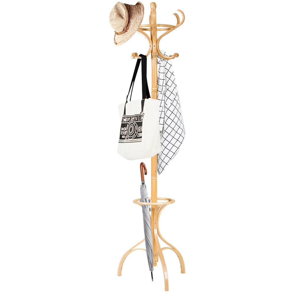 Costway Oak Wooden Coat and Hat Stand Image 2