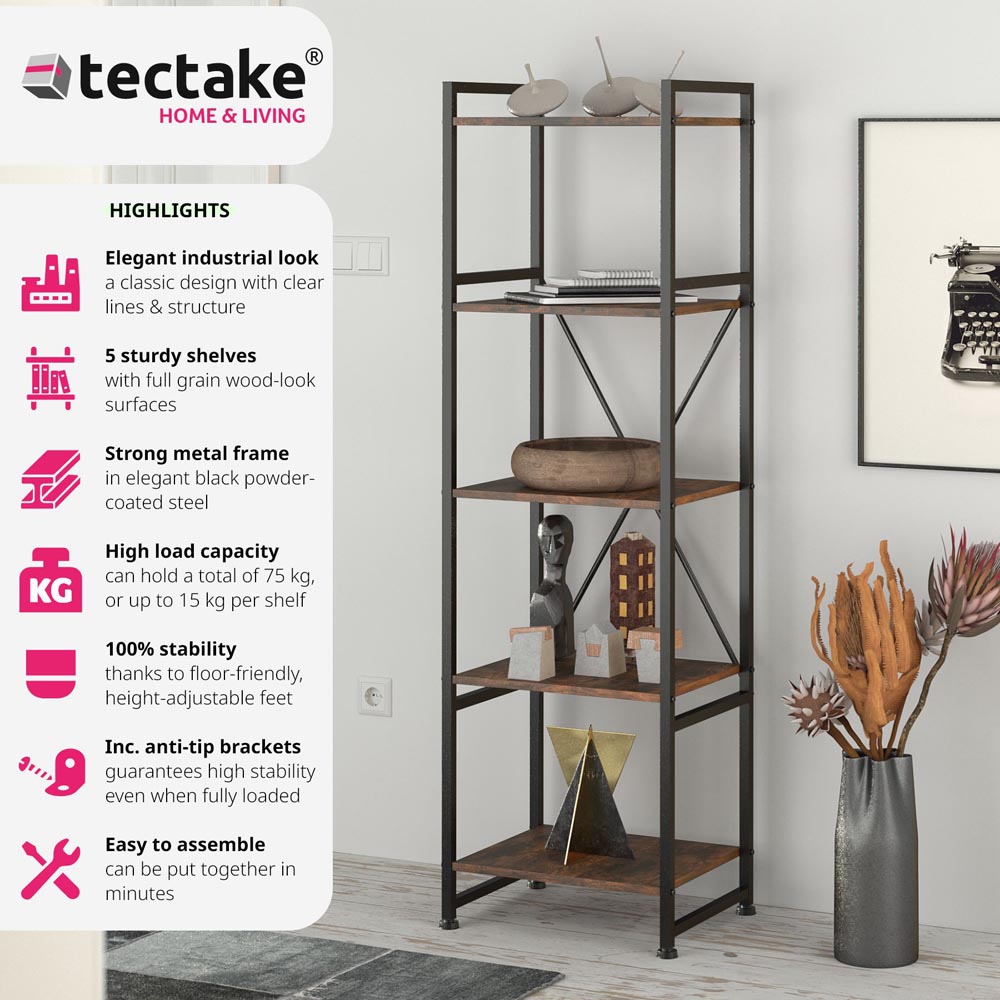 tectake Manchester 5 Shelf Industrial Dark Wood Bookcase Image 6