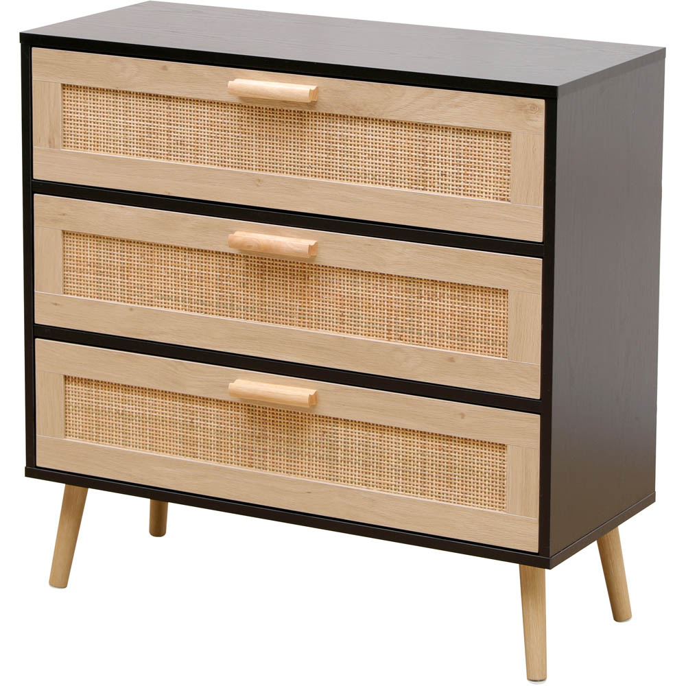 FurnitureHMD 3 Drawer Black and Natural Rattan Woven Front Wooden Chest of Drawers Image 2