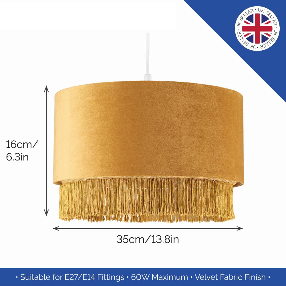Happy Homewares Ochre Mustard Drum Pendant Shade with Tassels and Embroidered Trim Image 7