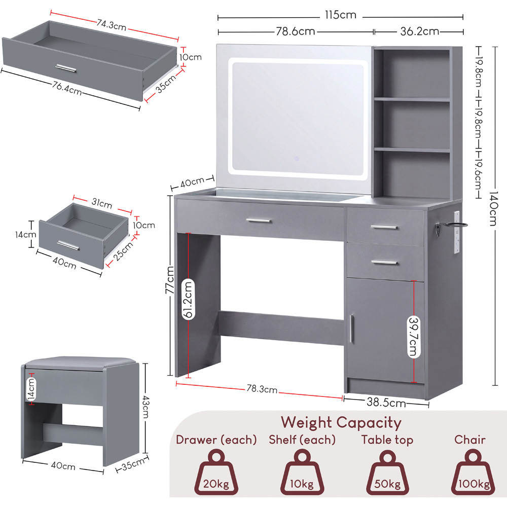 VIDA DESIGNS Clova Single Door 3 Drawer 2 Shelf Grey LED Dressing Table Set with Power Outlet Image 9