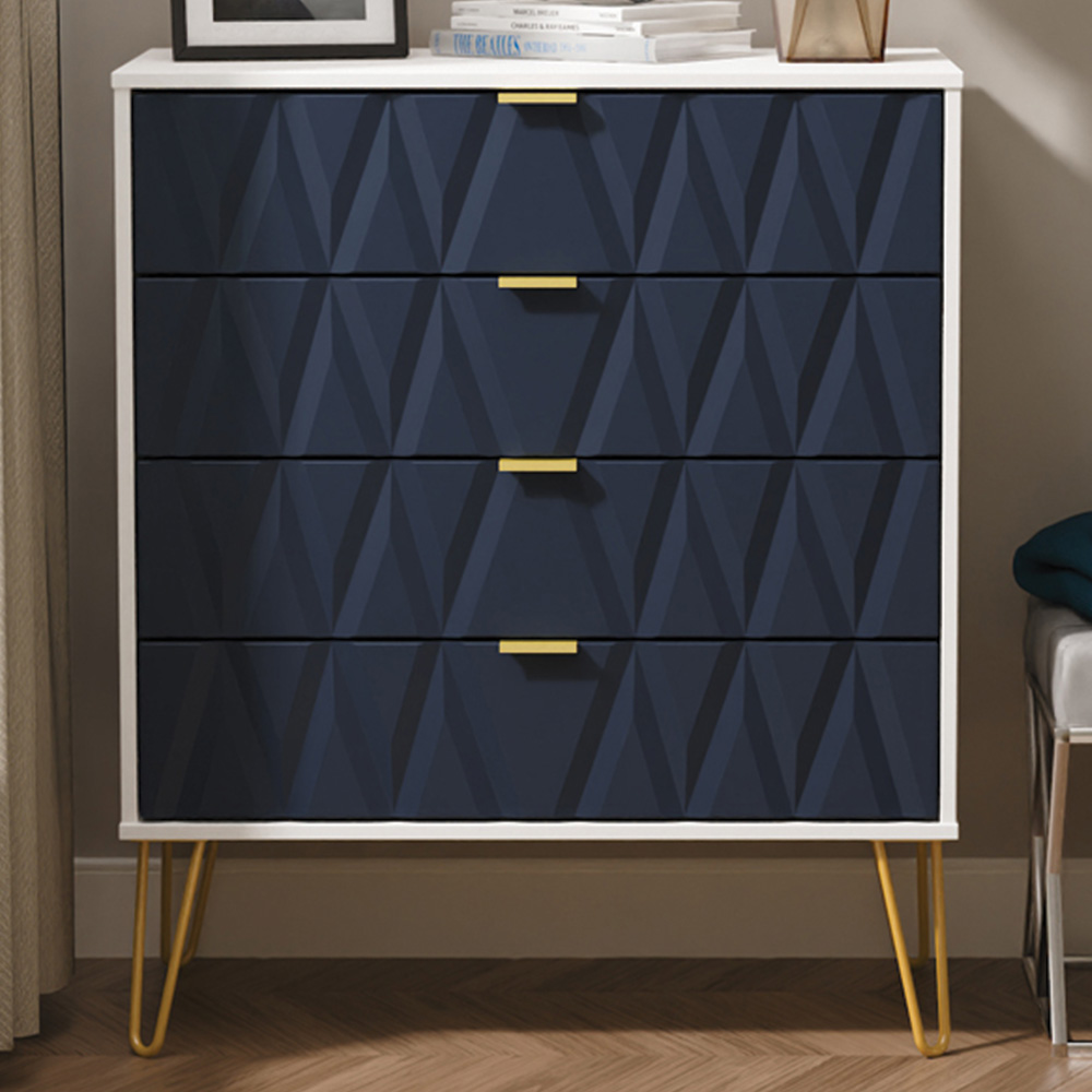 Crowndale Diamond 4 Drawer Indigo Matt and White Chest of Drawers Ready Assembled Image 1