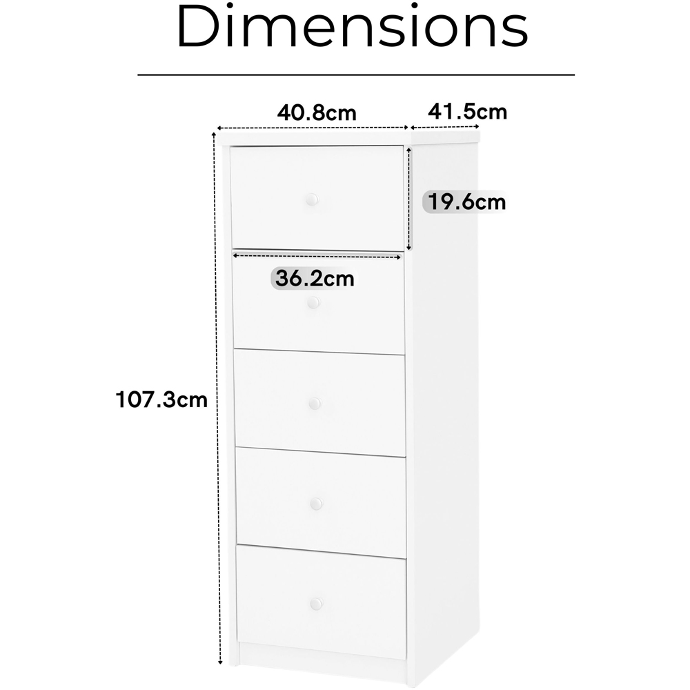 Core Products Erin 5 Drawer White Finish Narrow Chest of Drawers  Image 9