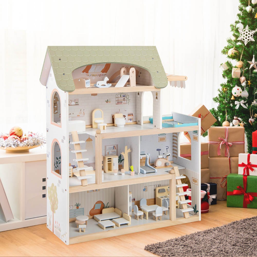 Costway Kids Green 33 Piece Wooden Dollhouse with Furniture Accessories Image 5