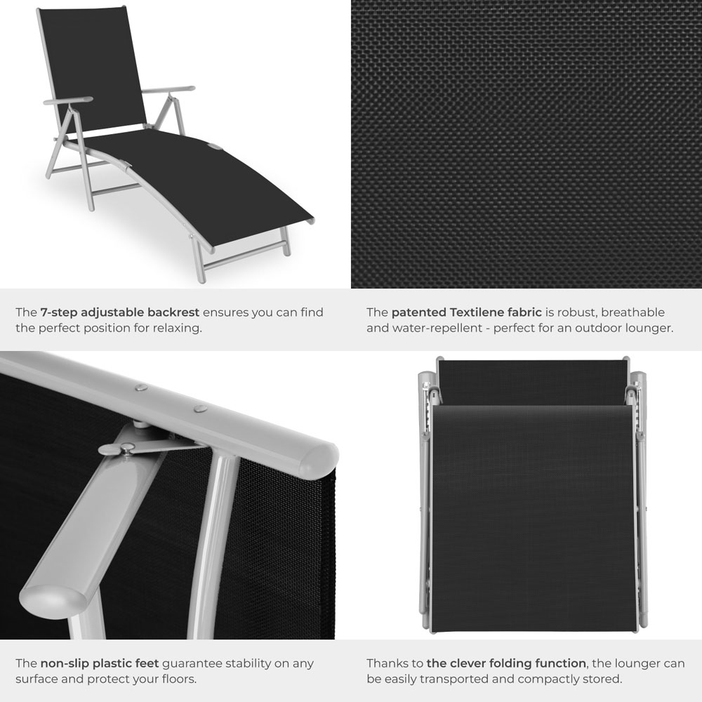 tectake Marisol Black and Silver Foldable and 7 Step Adjustable Sun Lounger Image 5