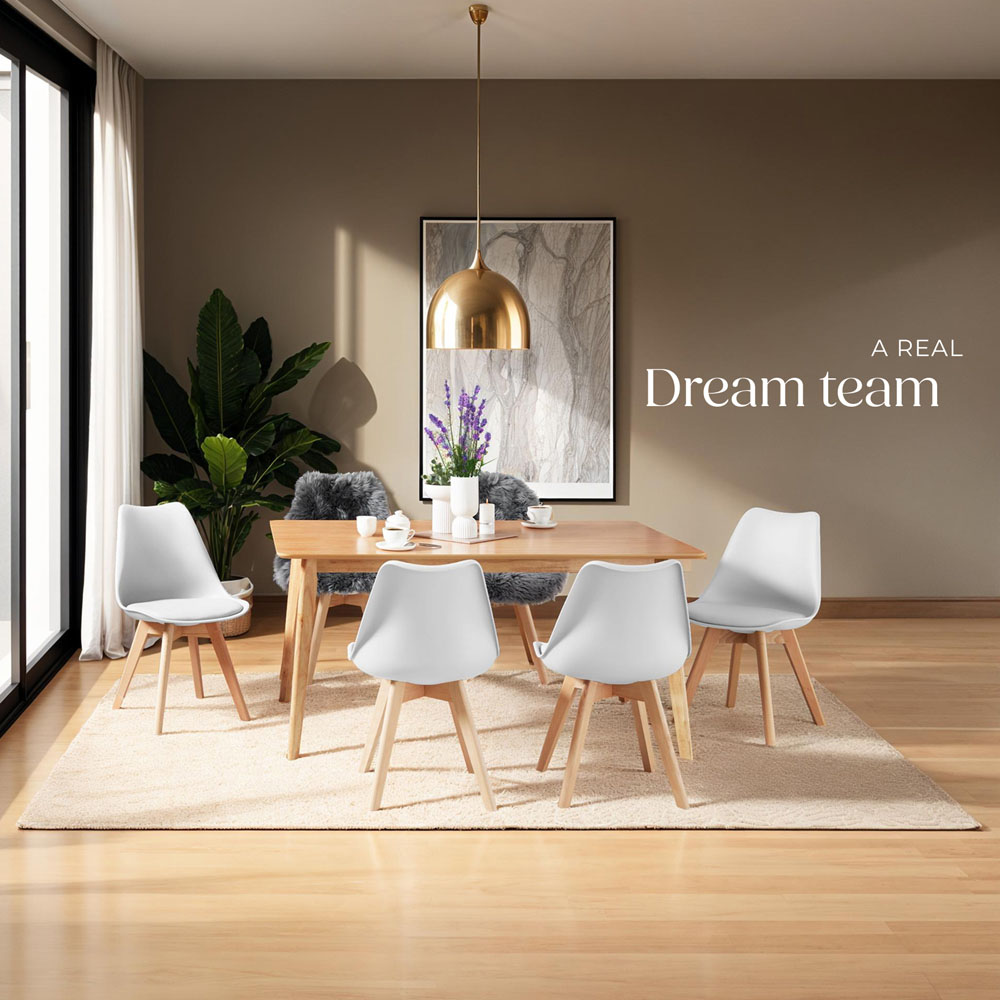 tectake Frederikke Set of 8 White Padded Dining Chair with Wooden Legs Image 3