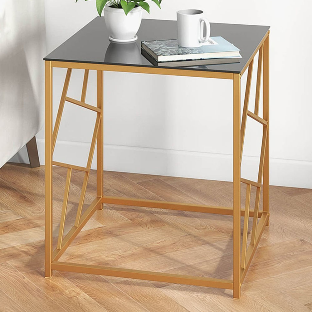Costway Black Tempered Glass Square End Table with Geometric Gold Frame Image 1