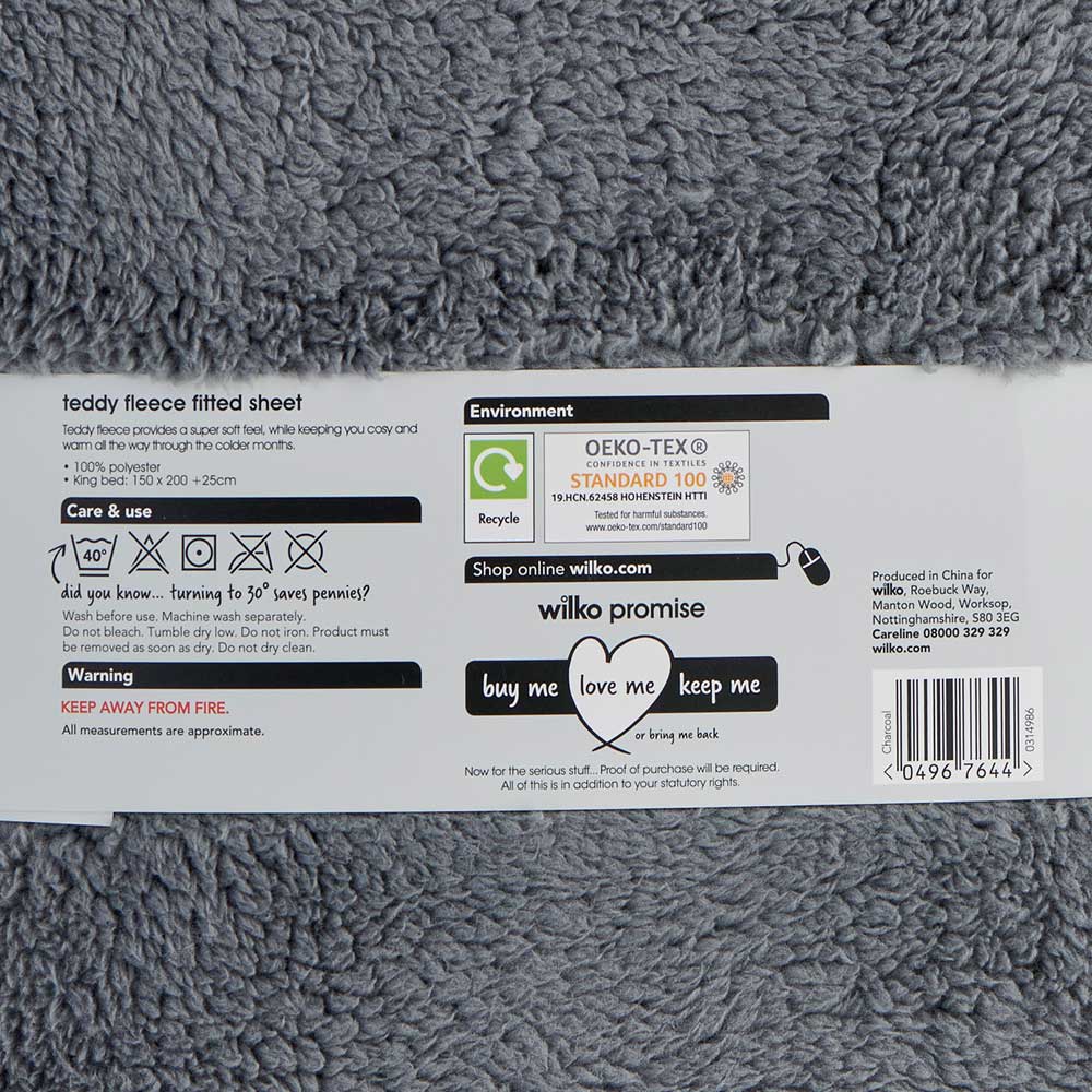 Wilko King Charcoal Soft Teddy Fleece Fitted Bed Sheet Image 5