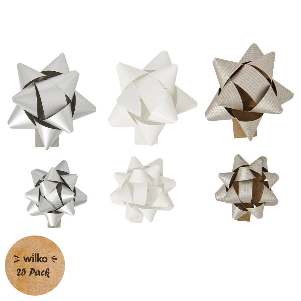 Wilko Assorted Silver and White Bows 25 Pack Image 1