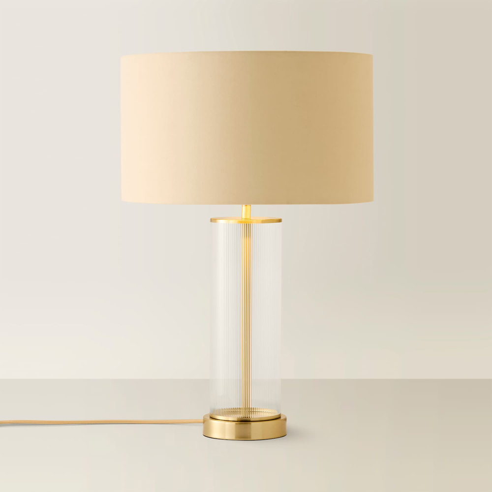 ValueLights Calin Beige and Gold Shade Gold Ribbed Glass Table Lamp with Bulb Image 3