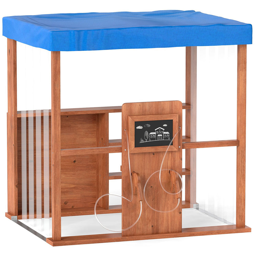 Costway Kids Natural Wooden Outdoor Gas Station Play Set with Canopy and Simulation Refuelling Guns Image 1