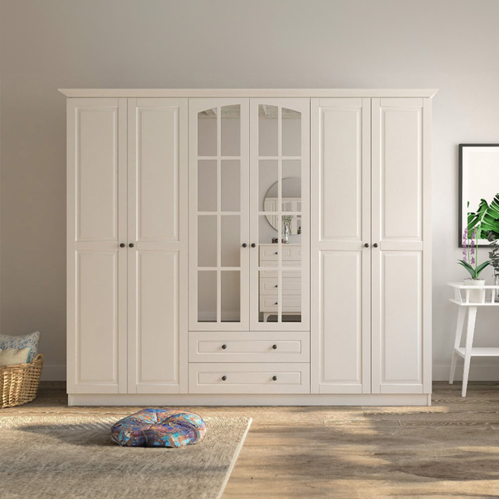 Evu MAISON 6 Door 2 Drawer White Mirror Wardrobe Image 3