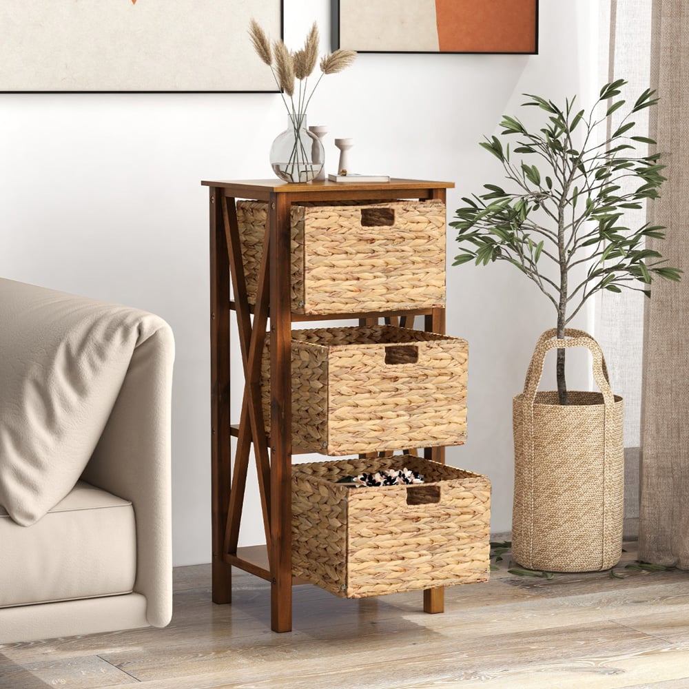 Costway 3 Shelf Rustic Brown Side Table with Seagrass Baskets Image 4
