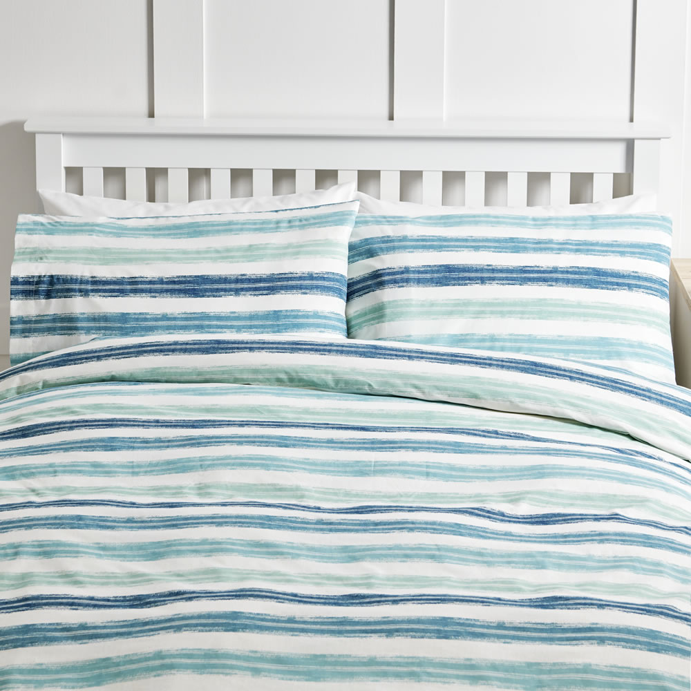 Wilko Stripe Blue and Teal Easy Care Double Duvet Set Image 1