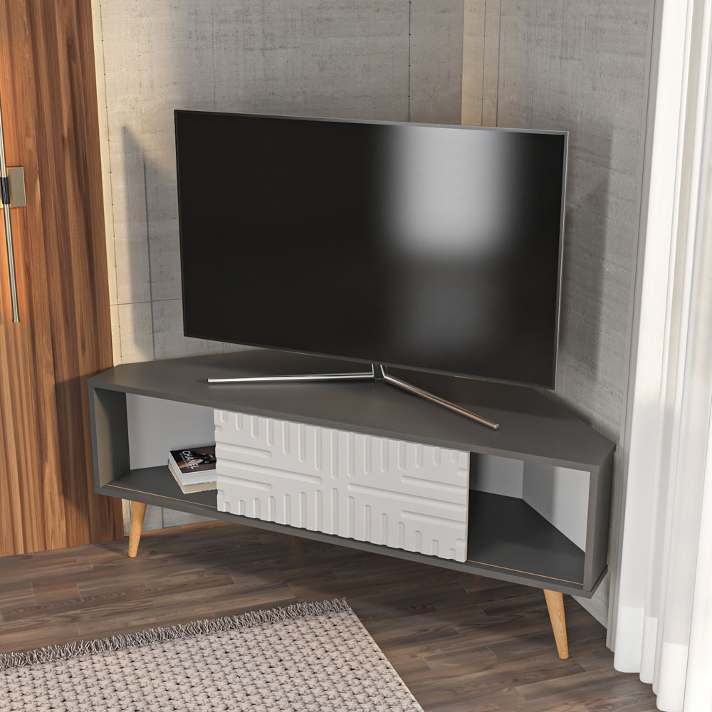 Decorotika Mora Single Sliding Door Anthracite and White Corner TV Unit Image 4