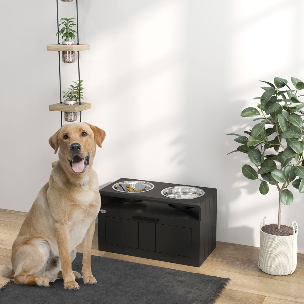 PawHut Black Raised Elevated Dog Bowl with Slow Feeder Mat Image 2
