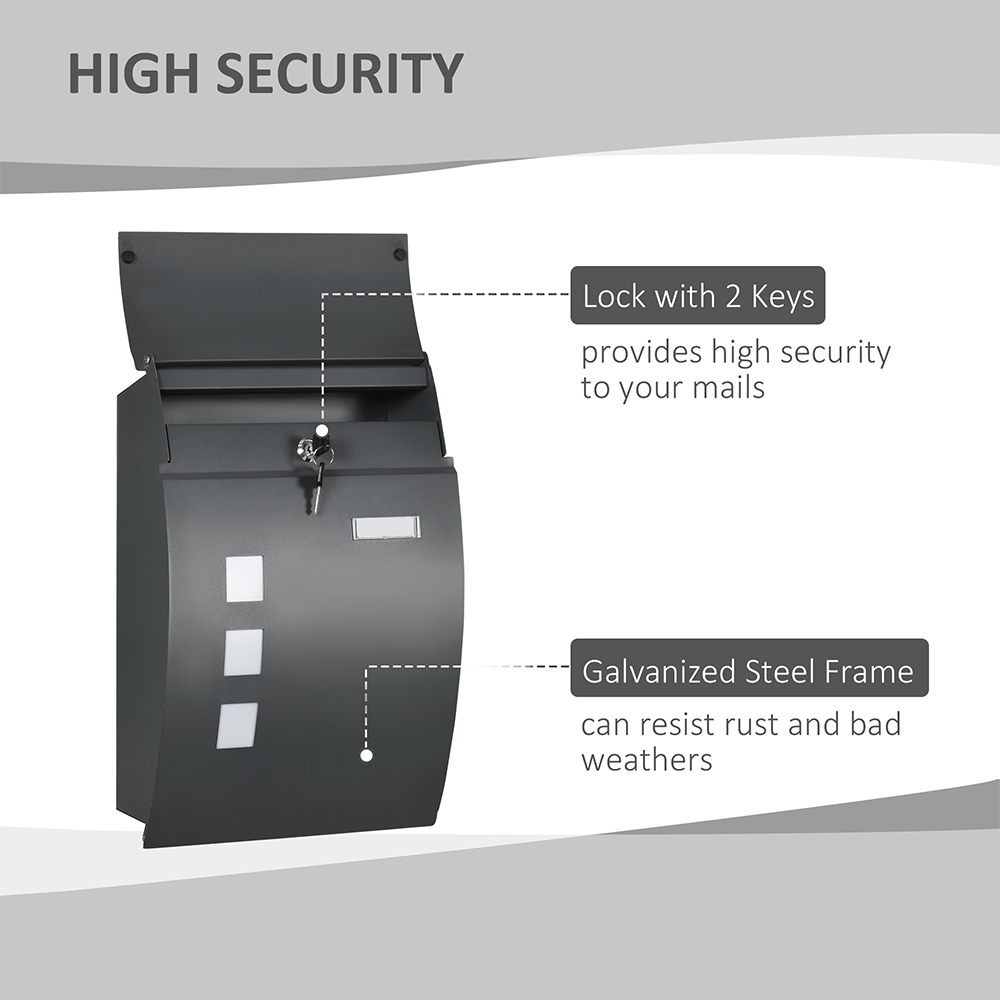 HOMCOM Anthracite Grey Weatherproof Wall Mounted Letter Box with Keys Image 8