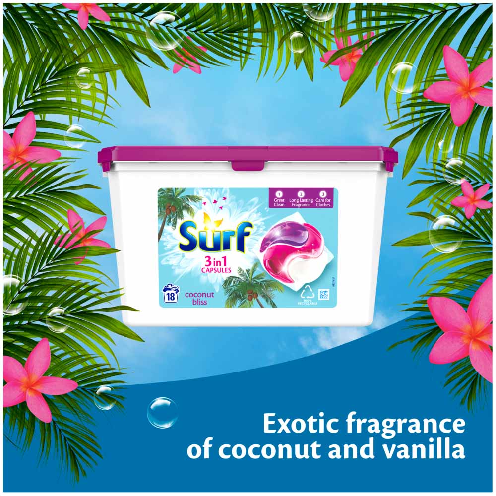 Surf 3 in 1 Coconut Bliss Laundry Washing Capsules 18 Washes Image 4