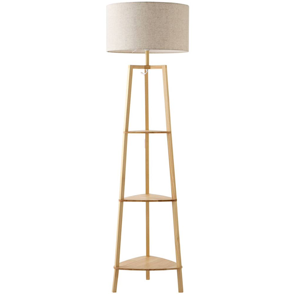 ValueLights Hiru 3 Shelf Linen Drum Shade Natural Wooden Floor Lamp with Bulb Image 1