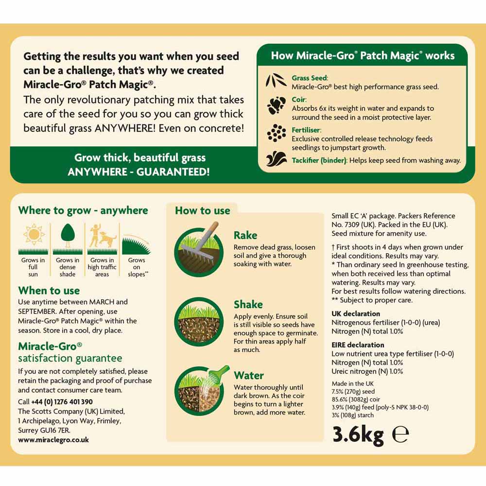 Miracle-Gro Patch Magic Grass Seed Feed and Coir 16msq 3.6kg Image 2