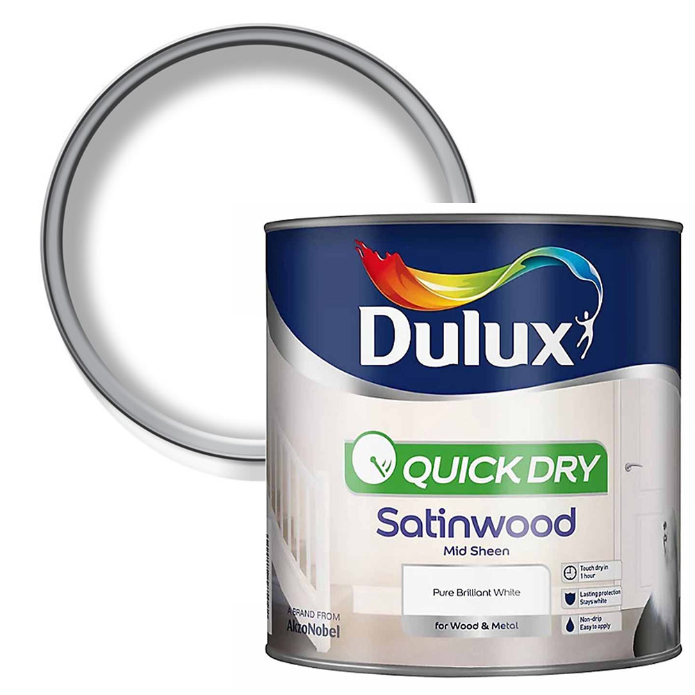Dulux Quick Dry Wood and Metal Pure Brilliant White Mid Sheen Paint 2.5L Image 1