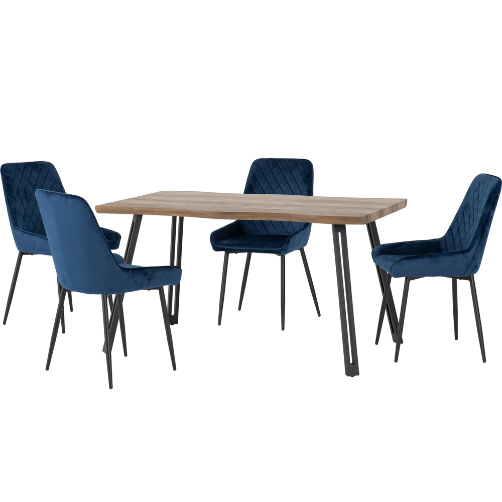 Seconique Quebec Wave Avery Velvet 4 Seater Dining Set Oak Effect and Sapphire Blue Image 2