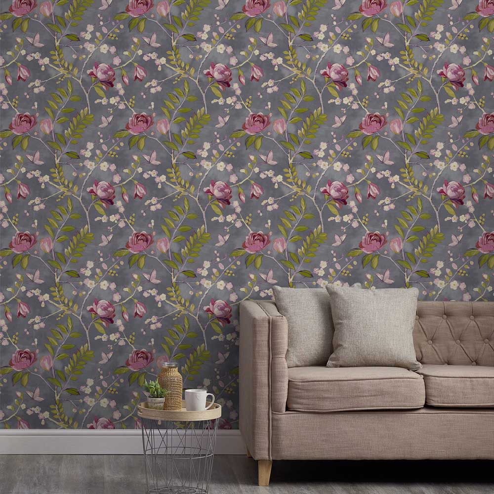 Grandeco Lola Painted Floral Trail Charcoal and Pink Wallpaper Image 4