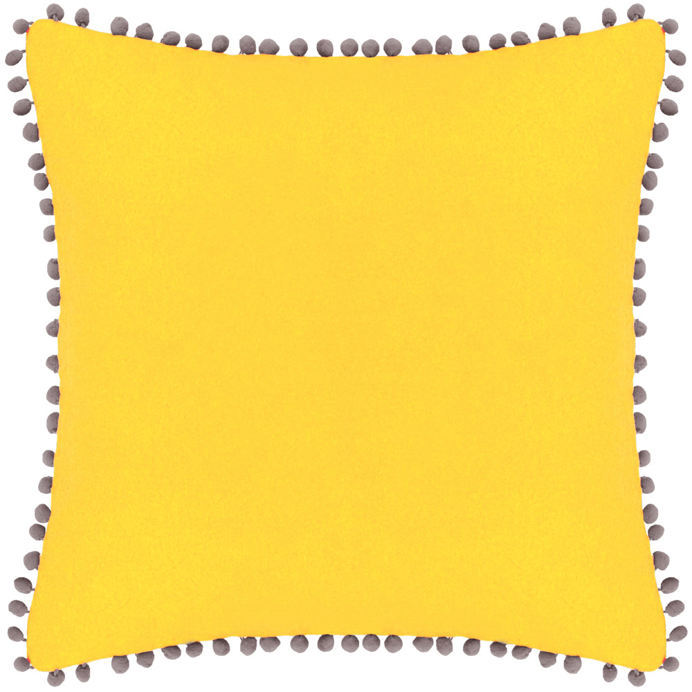 Paoletti Yellow and Grey Velvet Touch Pom Pom Cushion Image 1