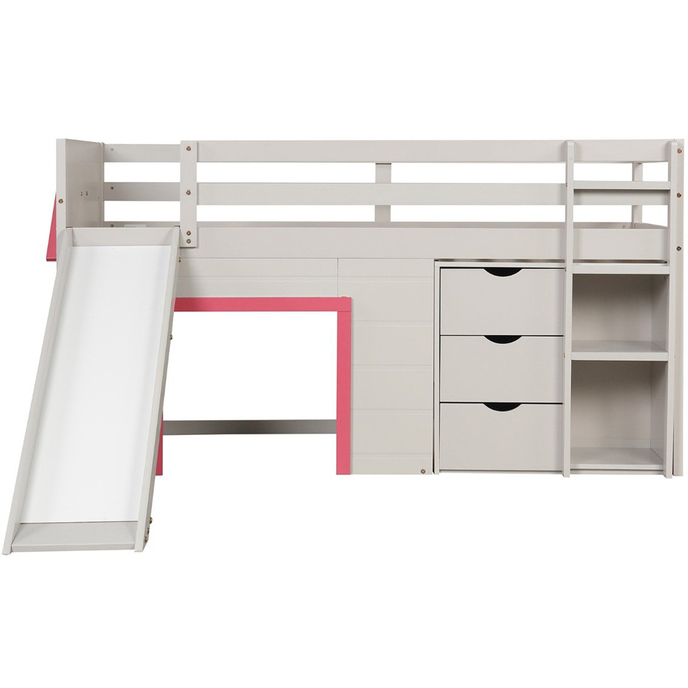Costway 3 Drawer 2 Shelf Pink Pine Wood Loft Bed with Slide and Ladder and Game House Image 2