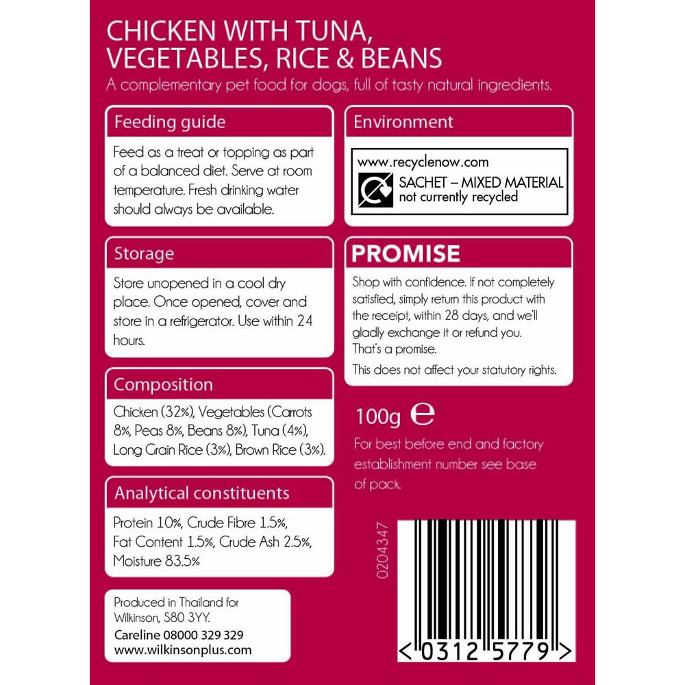 Wilko Chicken with Tuna, Vegetables, Rice and Beans Dog Food Pouch 100g Image 2