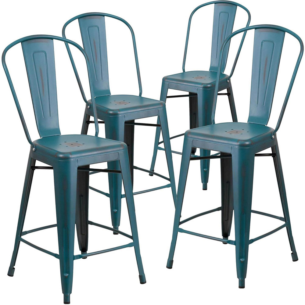 FWStyle Set of 4 Blue Teal Distressed Steel Bar Stool Image 2