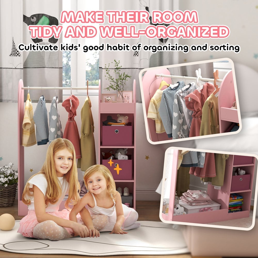 AIYAPLAY Pink Kids Cloth Rail with Storage Shelf and Mirror Image 6