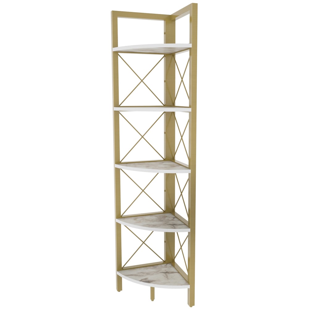 Decorotika Remo 5 Shelf White Marble Effect And Gold Metal Frame Corner Storage Rack Image 3