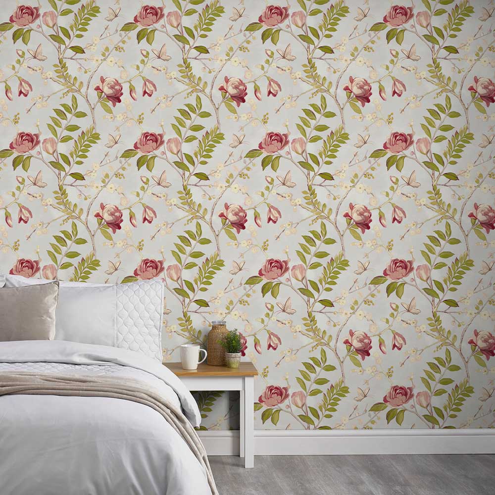 Grandeco Lola Painted Floral Trail Grey and Red Wallpaper Image 4